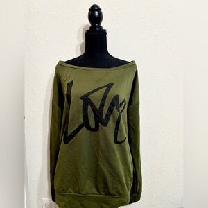 Olive Green Off-Shoulder Top with Black Graphic